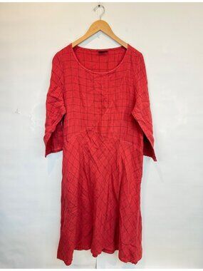Lisa Bayne Women's Red Windowpane Plaid Linen Midi Dress Size Medium Lagenlook